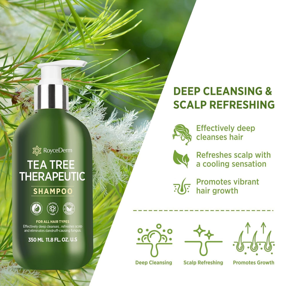 Roycederm Tea Tree Antifungal Shampoo being poured to soothe dandruff and itch.