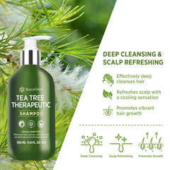Roycederm Tea Tree Antifungal Shampoo being poured to soothe dandruff and itch.