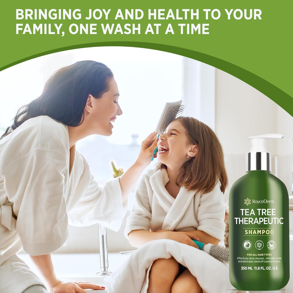 Roycederm Tea Tree Antifungal Shampoo close-up on scalp safety for sensitive skin.