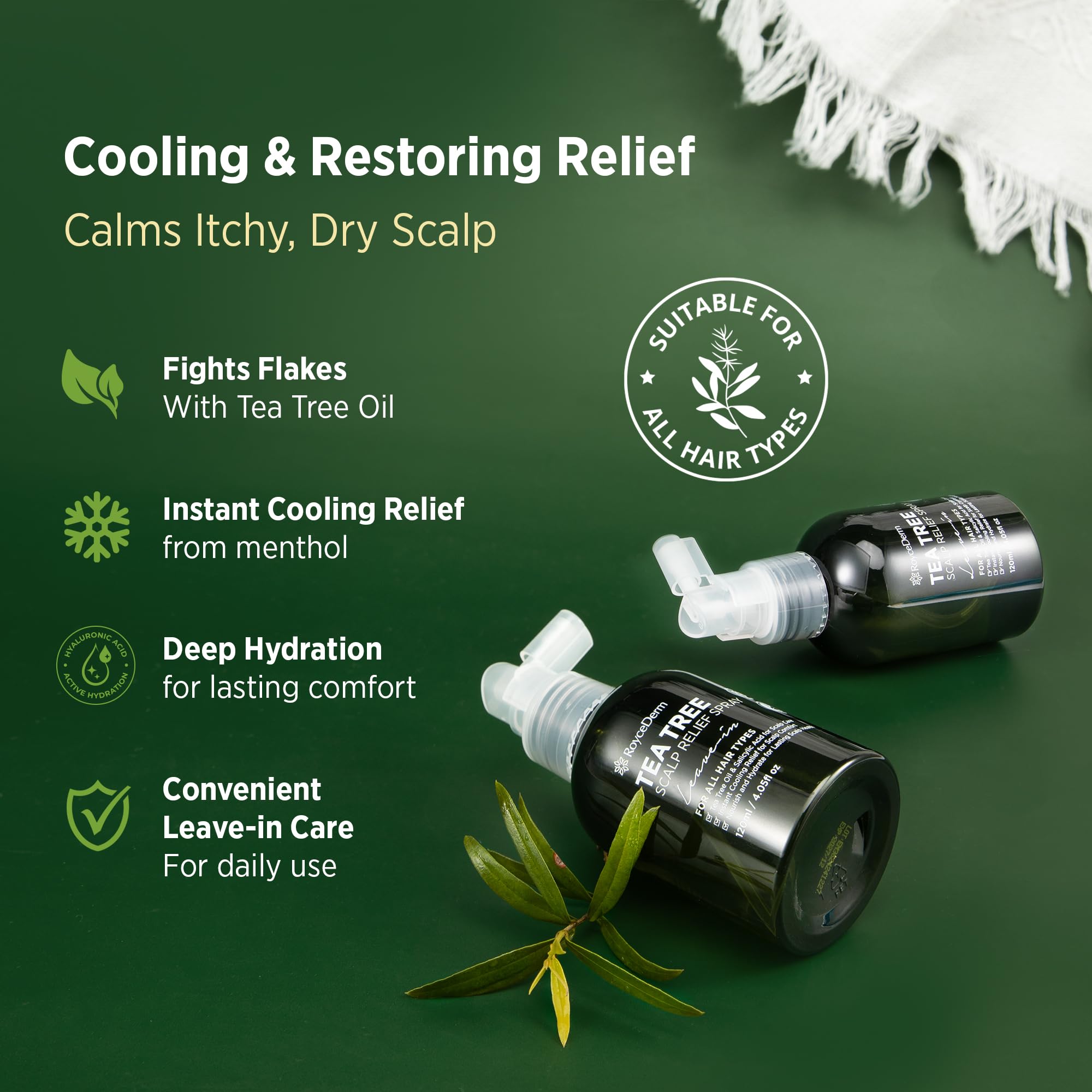Roycederm Tea Tree Scalp Relief Spray being applied for instant comfort.