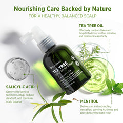 Roycederm Tea Tree Scalp Relief Spray showcases cooling effect on dry scalp.