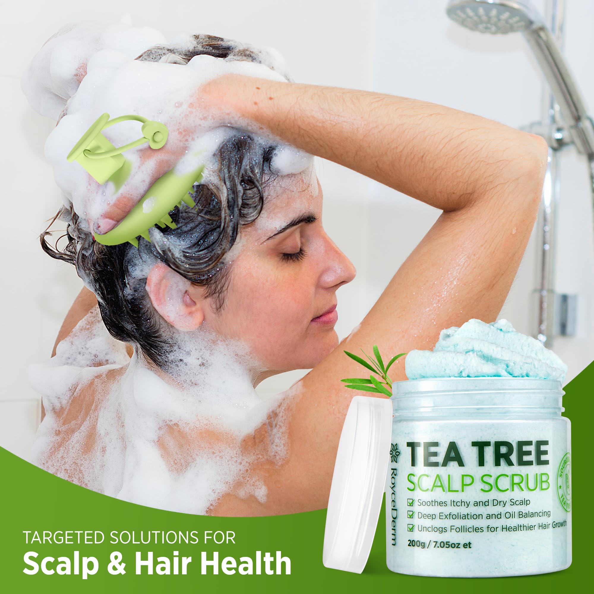 Roycederm Tea Tree Scalp Scrub bottle back highlights ingredients for balanced scalp care.