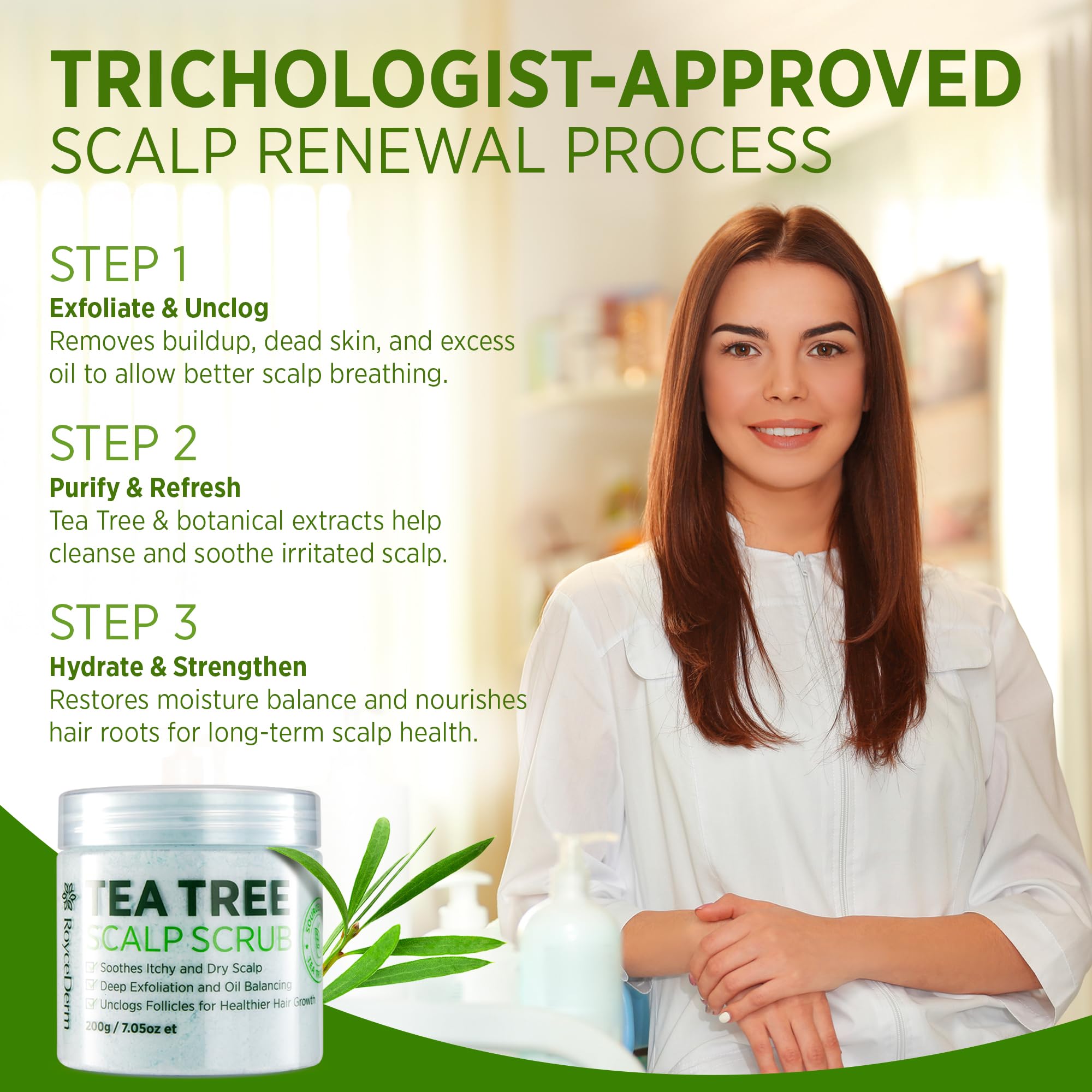 Roycederm Tea Tree Scalp Scrub ingredients feature tea tree oil for purifying pores.