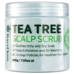 Roycederm Tea Tree Scalp Scrub packaging showcases a plant-based scalp care routine.