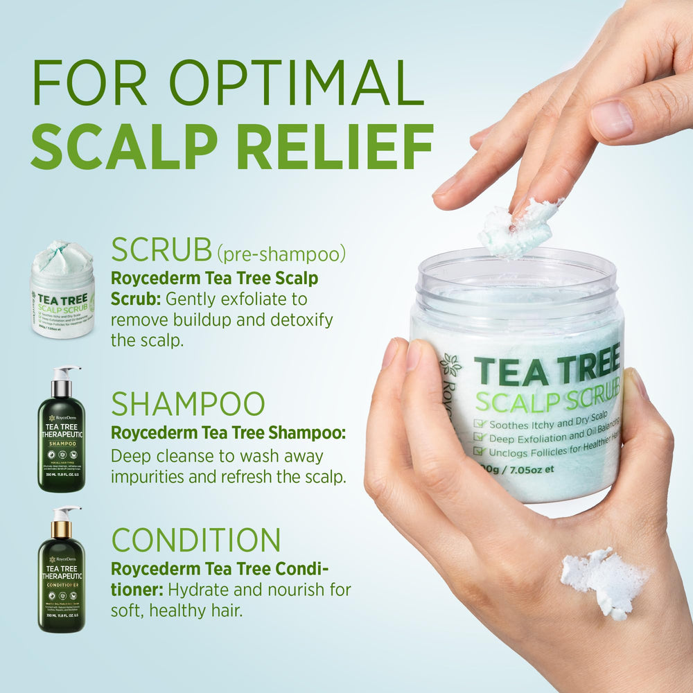 Roycederm Tea Tree Scalp Scrub with shea butter visual hints at nourishing moisture.