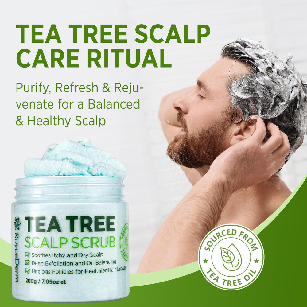 Roycederm Tea Tree Scalp Scrub with witch hazel emphasizes balancing scalp environment.