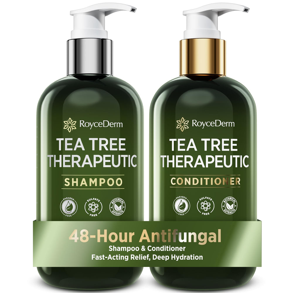 Roycederm Tea Tree Shampoo bottle front for soothing scalp comfort.