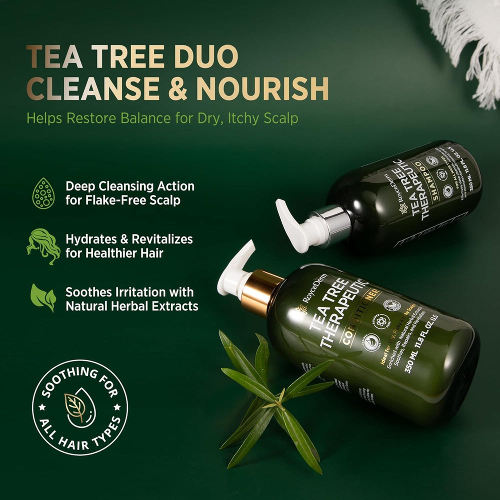 Roycederm Tea Tree Shampoo bottle pour shows easy cleansing and refreshing wash.