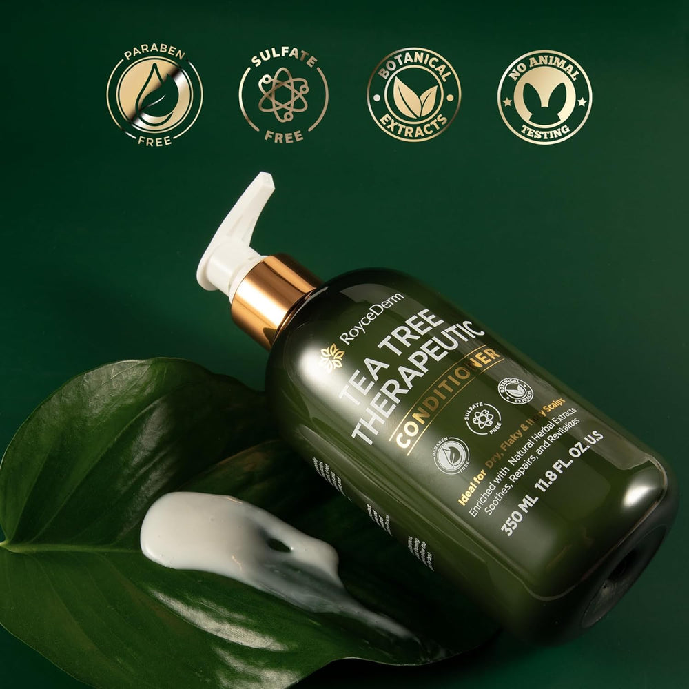 Roycederm Tea Tree Shampoo label signals paraben- and sulfate-free formula.