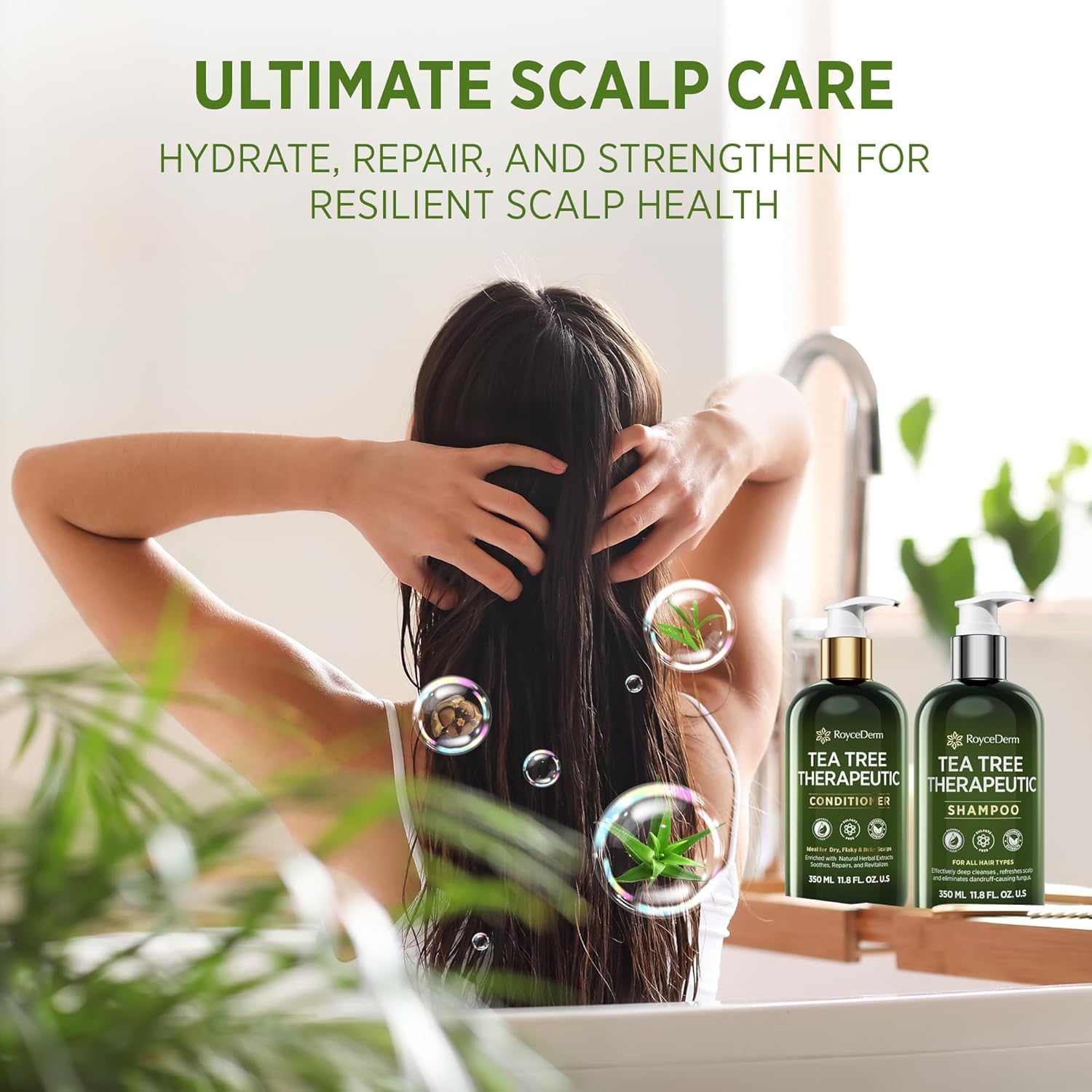 Roycederm Tea Tree Shampoo lather splash emphasizes gentle cleansing and fragrance.