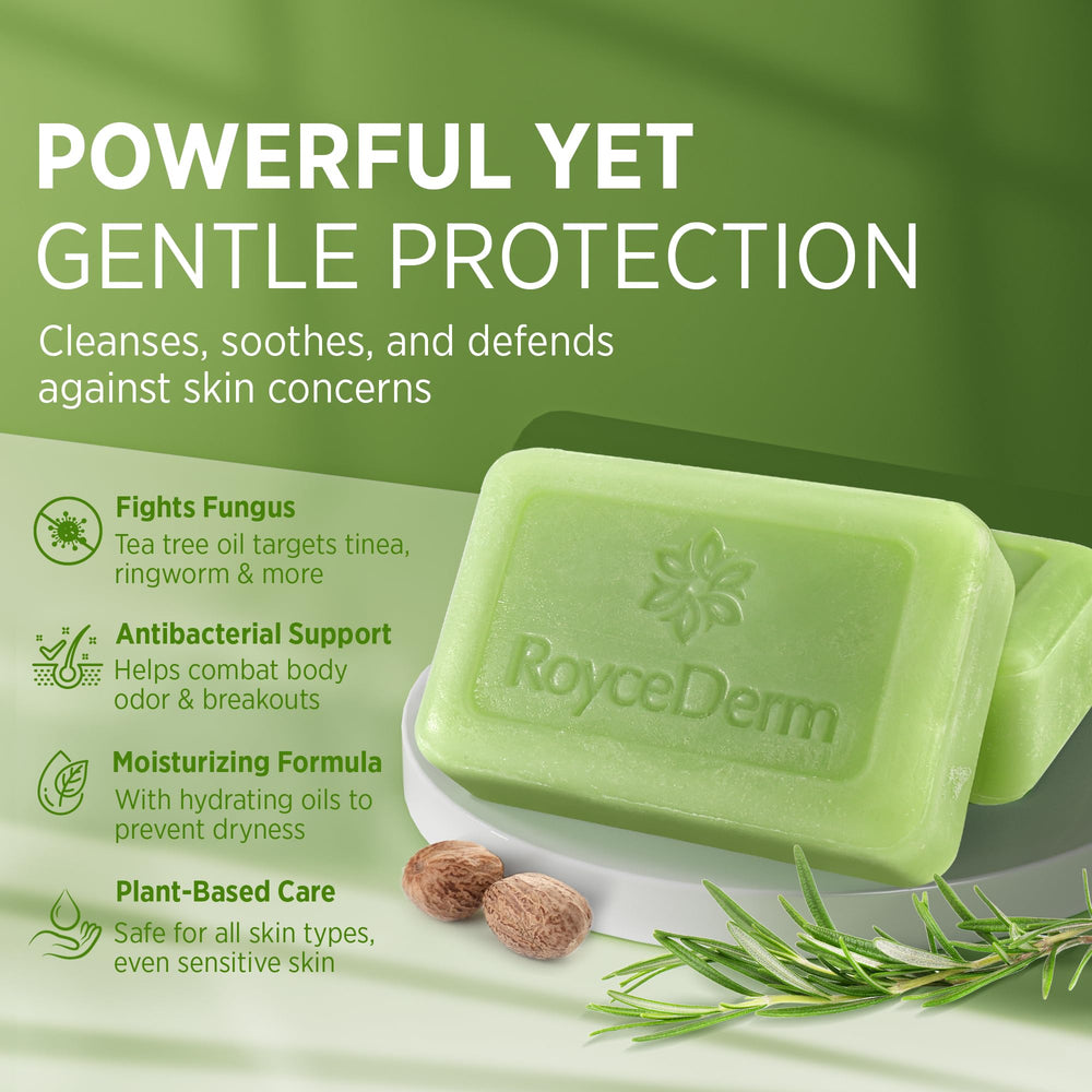 Roycederm Tea Tree Soap bar closeup showing natural tea tree oil for cleansing