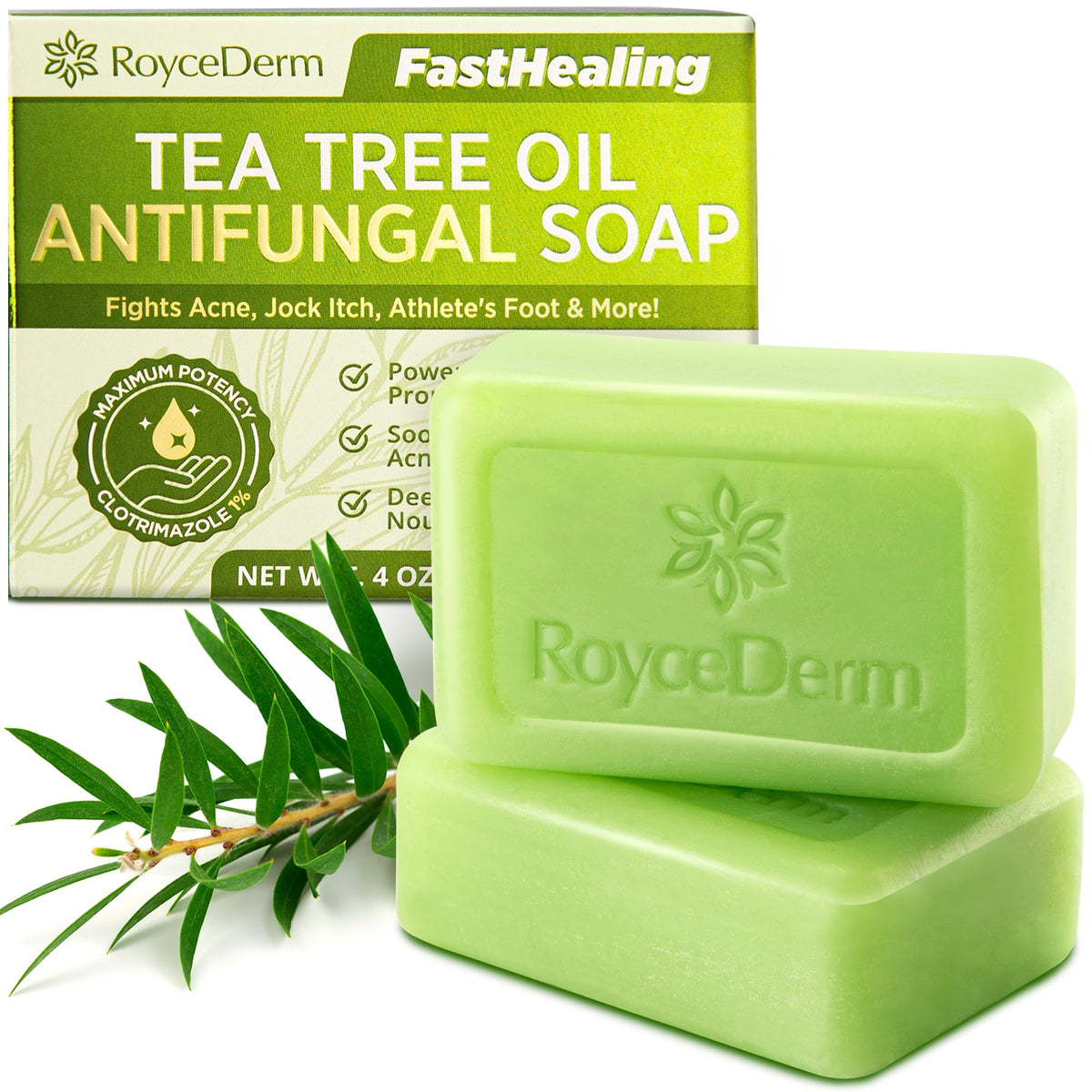 Roycederm tea tree soap bar closeup highlighting natural antifungal cleansing