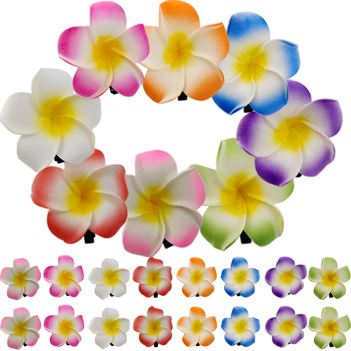 ROYHOO frangipani hair clip close-up shows vibrant foam petals for tropical wedding styling.
