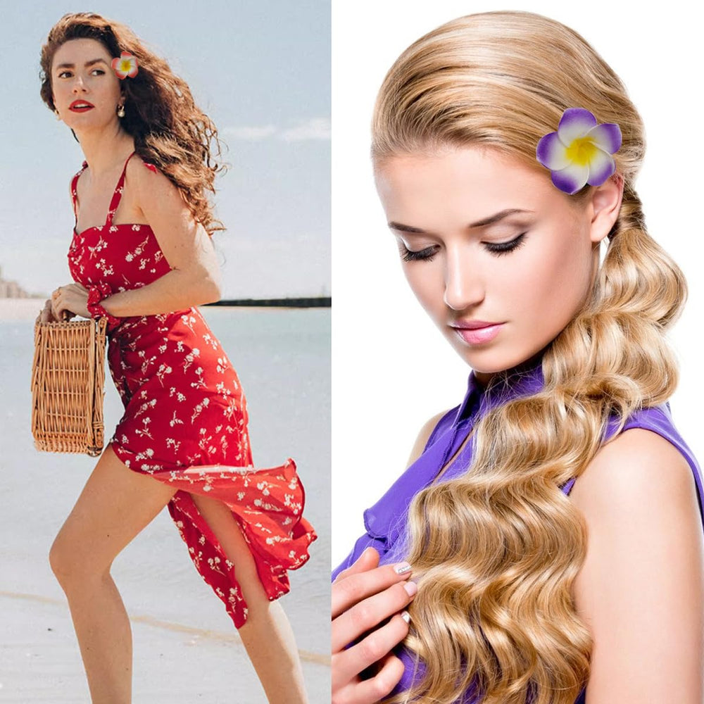 ROYHOO hair clip paired with a headband demonstrates easy party accessory for Hawaiian-themed events.