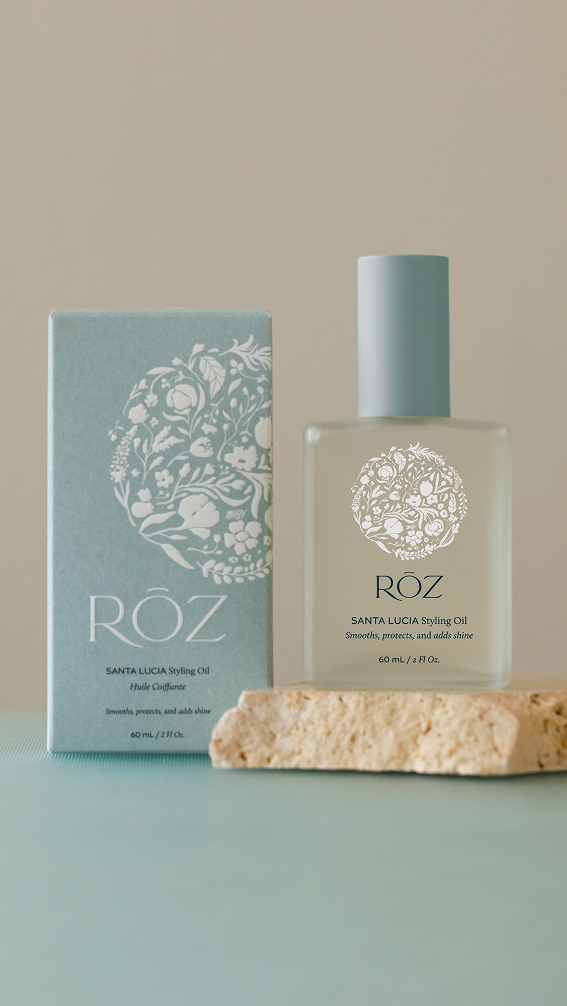 ROZ Santa Lucia Styling Oil demonstrates heat protection during styling.
