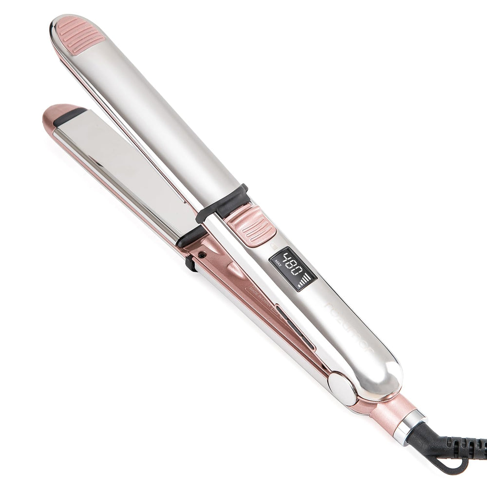 Rozamor 2-in-1 titanium ionic flat iron front view in pink for sleek straight styles.