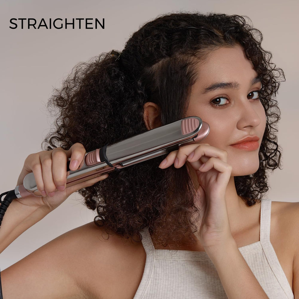 Rozamor in-use styling shot shows quick curl and straight versatility.
