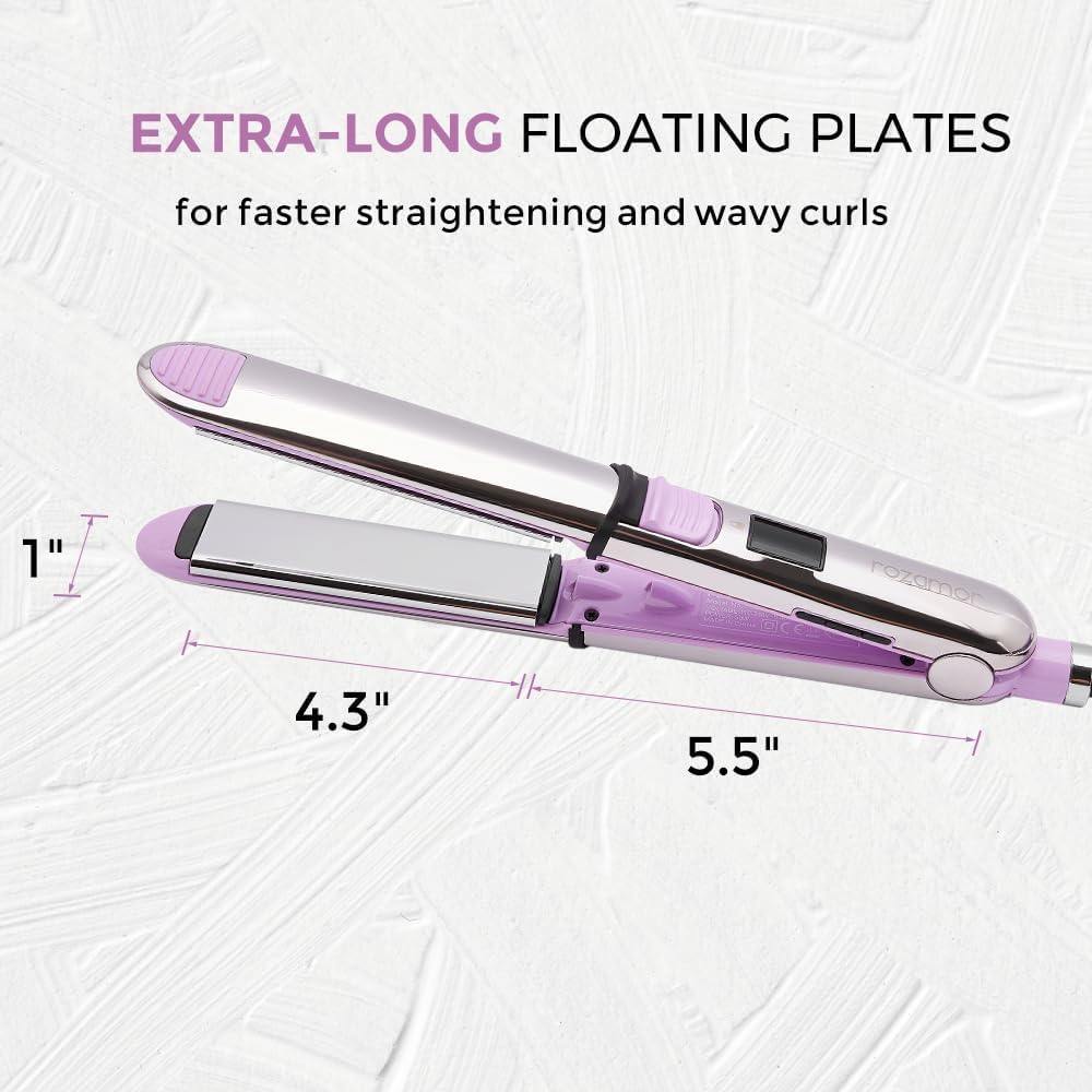 Rozamor titanium-coated plates glide smoothly for gentle hair protection during heat styling