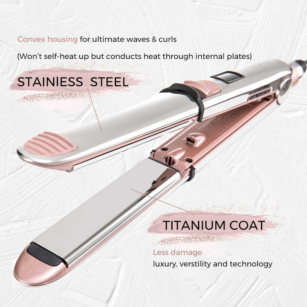 Rozamor flat iron side view highlighting compact design for easy handling.