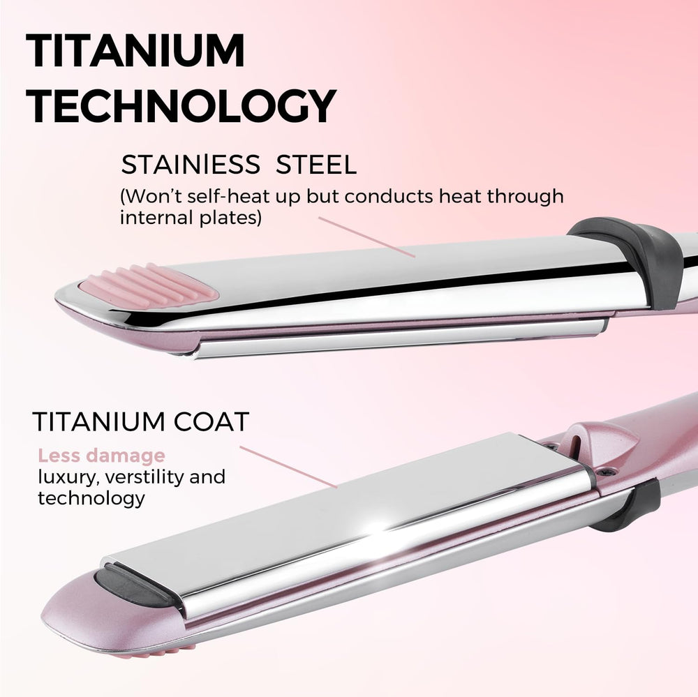 Rozamor flat iron side view shows slim profile and dual voltage for travel