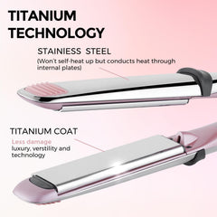 Rozamor flat iron side view shows slim profile and dual voltage for travel