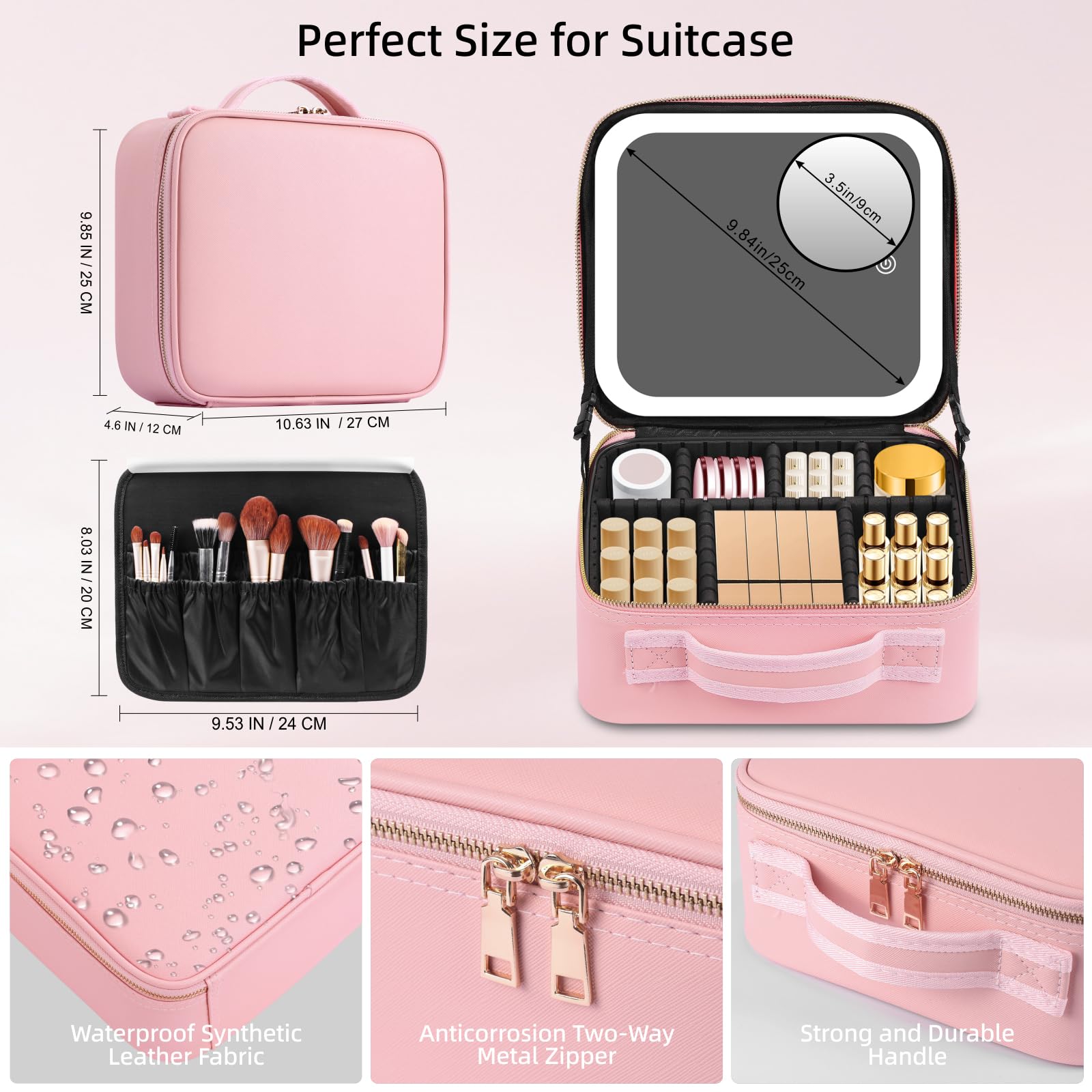 RRtide travel cosmetic case open layout showing adjustable dividers