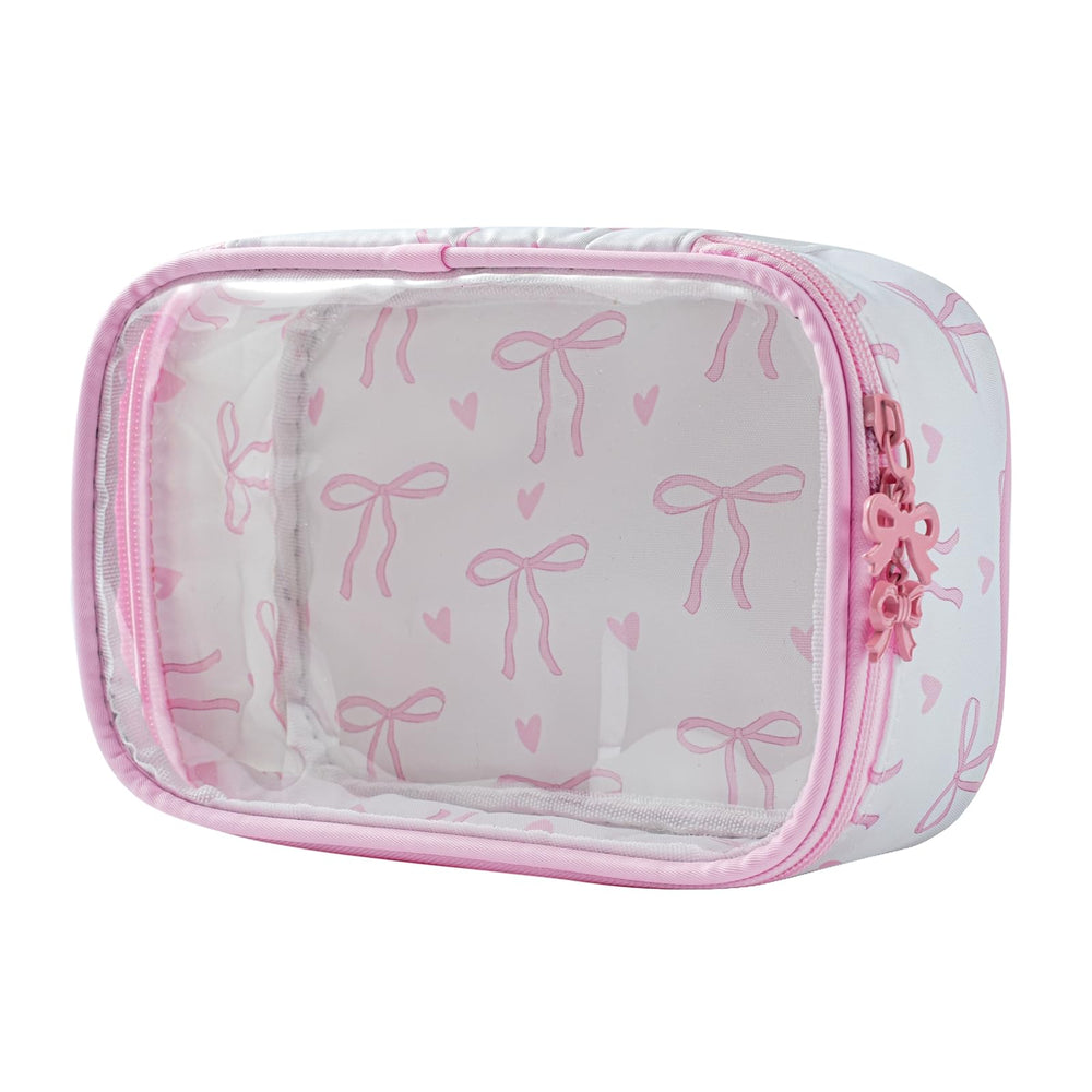 RSRSLEII cute clear makeup bag with bow pattern for travel storage and quick access.