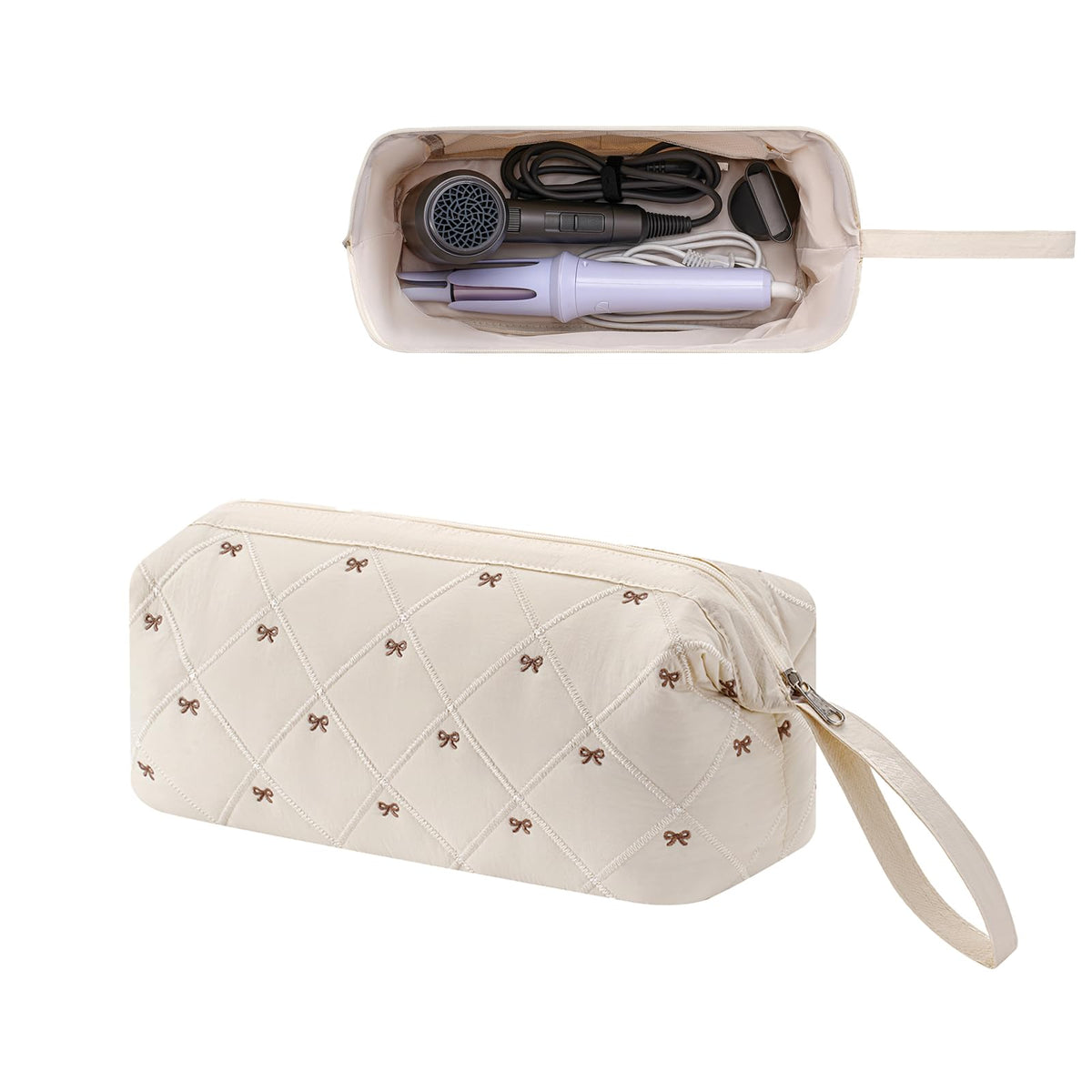 RSRSLEII large quilted hair tools travel bag in beige with bow, ideal for organizing gear.