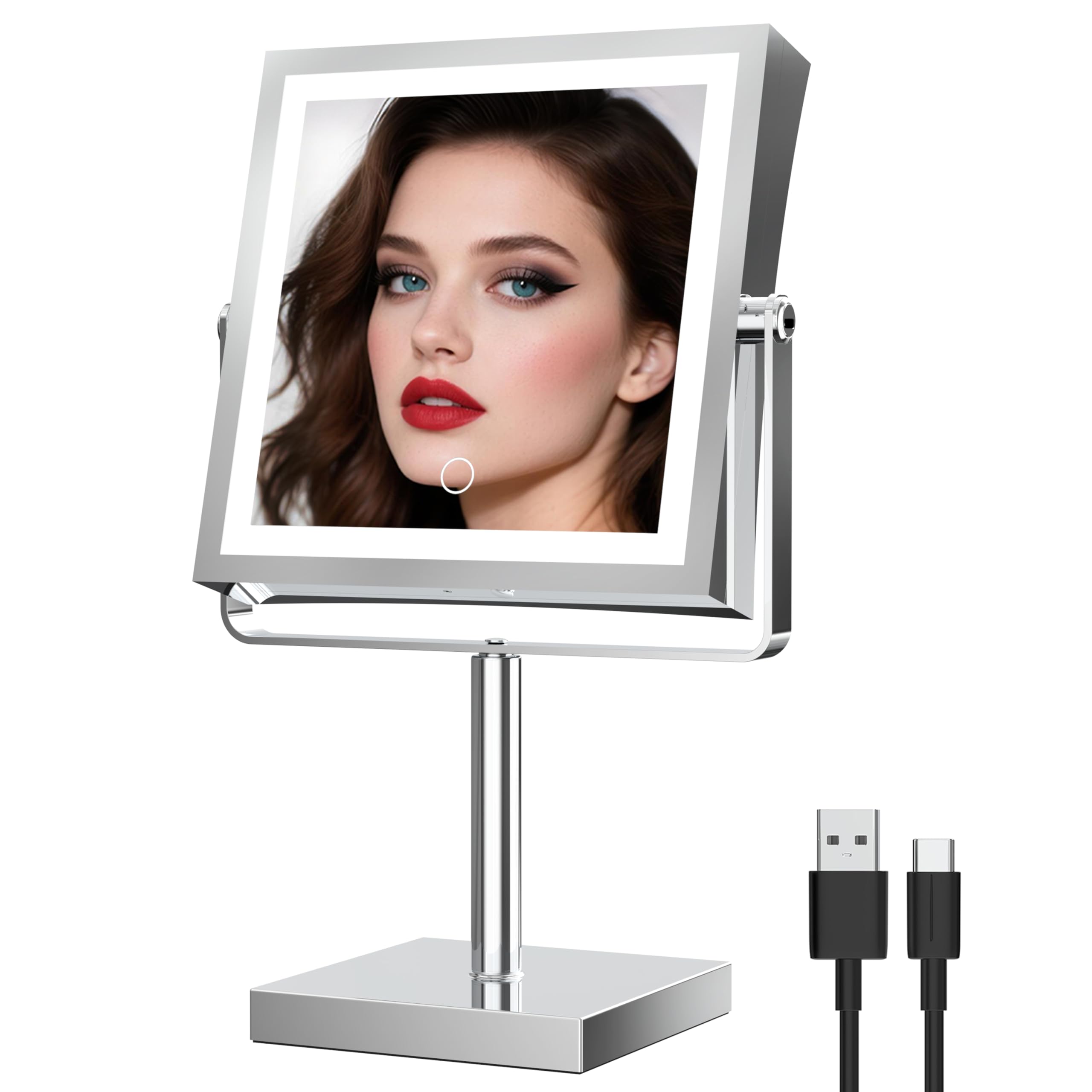 Ruacq Rechargeable Makeup Mirror front view with lights for easy all-around makeup preparation.