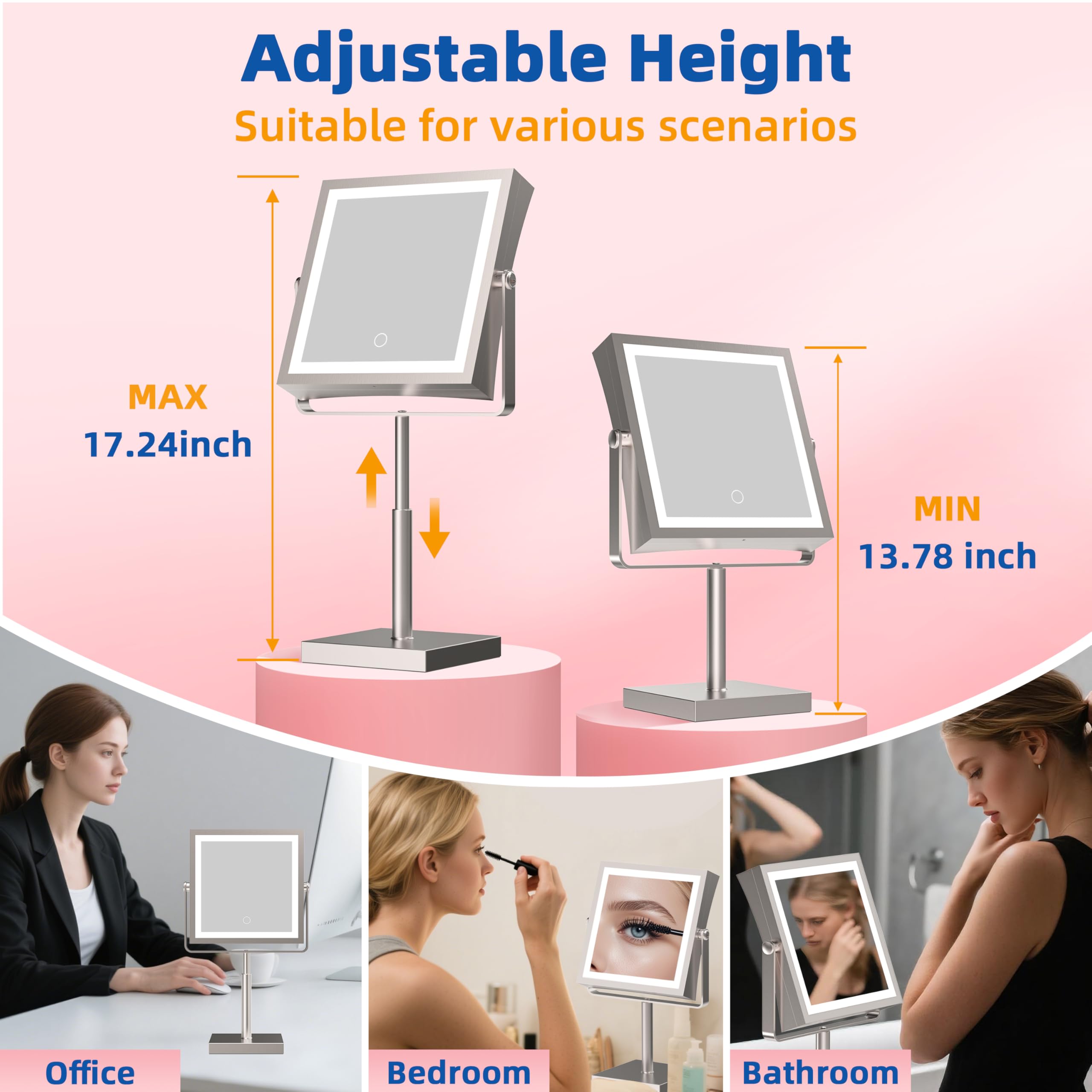 Ruacq height adjustable makeup mirror suitable for different desks or counters