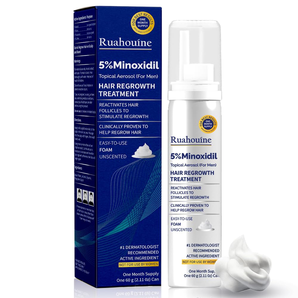 Ruahouine 5% Minoxidil Foam bottle promotes hair regrowth.