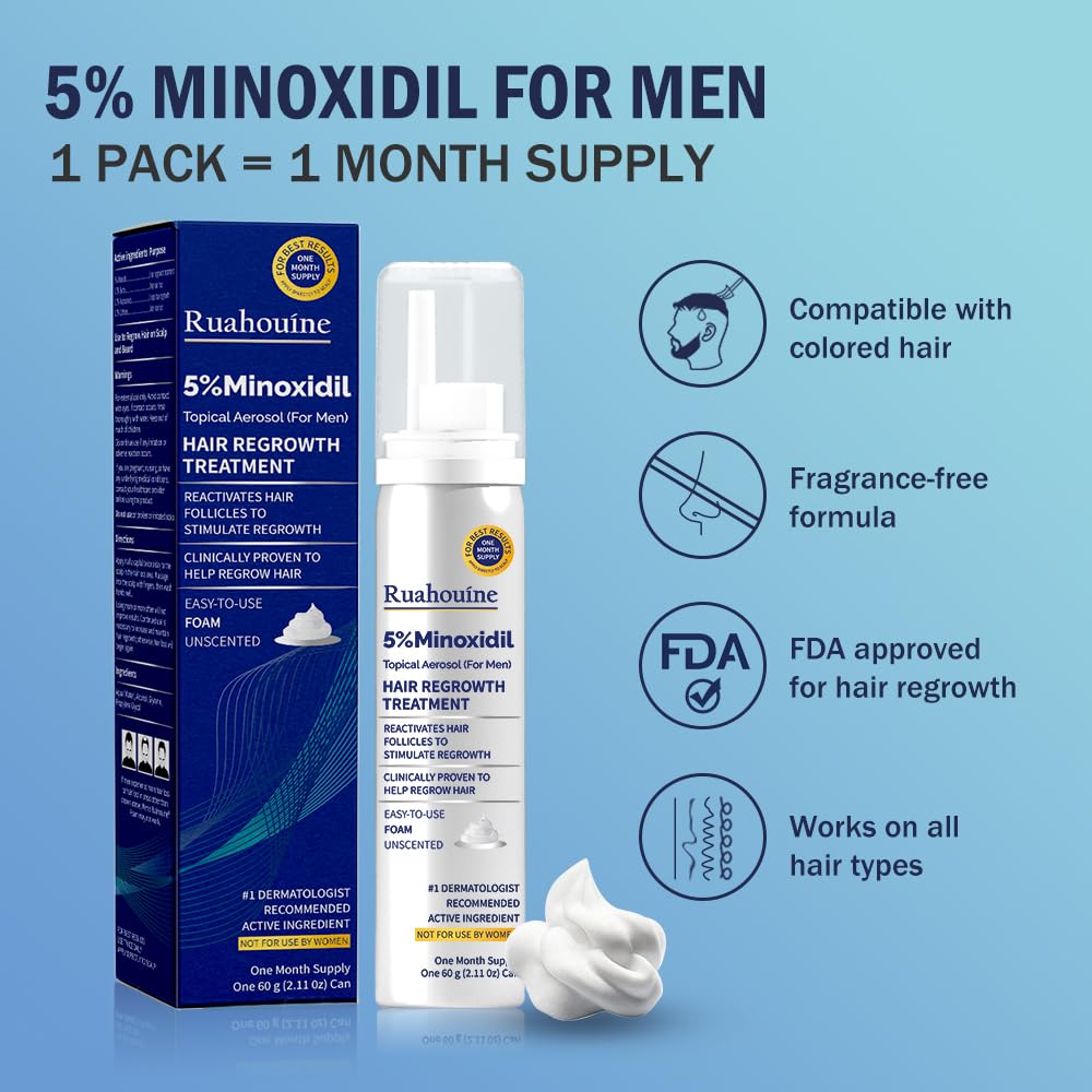 Ruahouine Minoxidil Foam closeup label shows ingredients.
