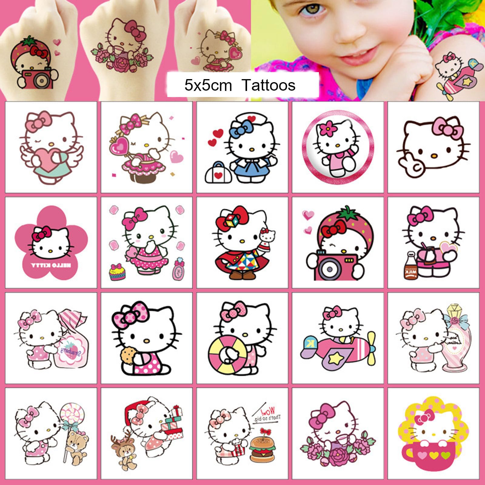 RUBANG Hello Kitty tattoo on arm showing quick application and kid-friendly design
