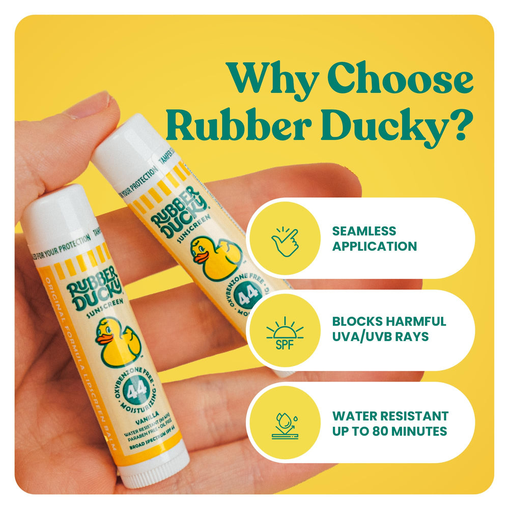 Rubber Ducky lip balm SPF 44 vanilla closeup highlighting the mild vanilla fragrance.