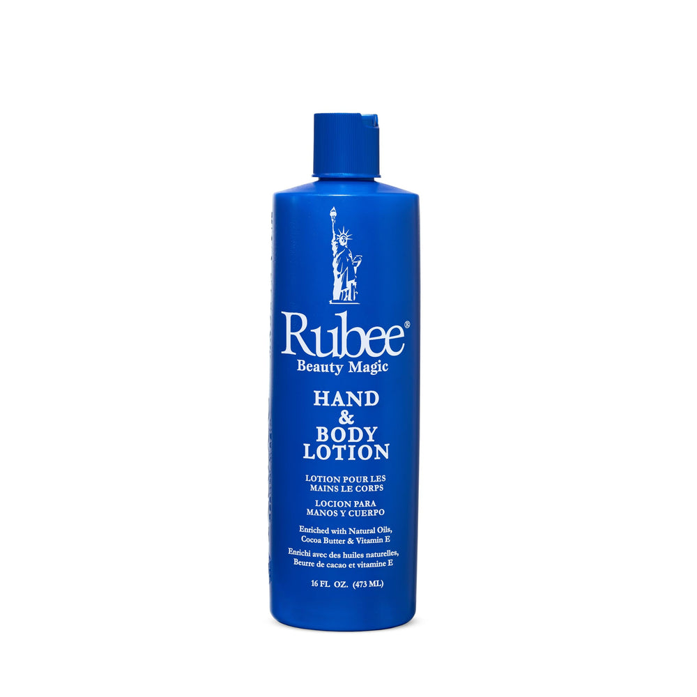 RUBEE body lotion 16oz bottle offering non-greasy hydration for dry skin.