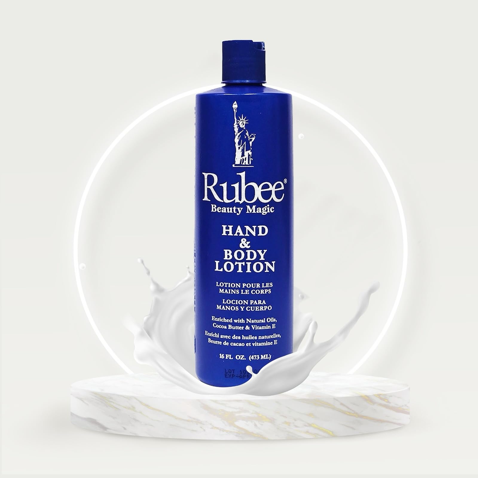 RUBEE lotion bottle closeup highlights cocoa butter-rich formula for deep, non-greasy moisturization.