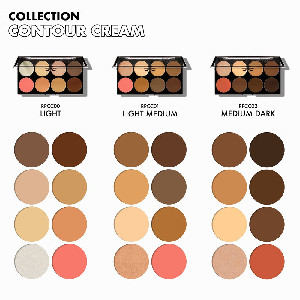 Ruby Kisses 3D Cream Contour Set light medium shades swatches for dimensional definition.