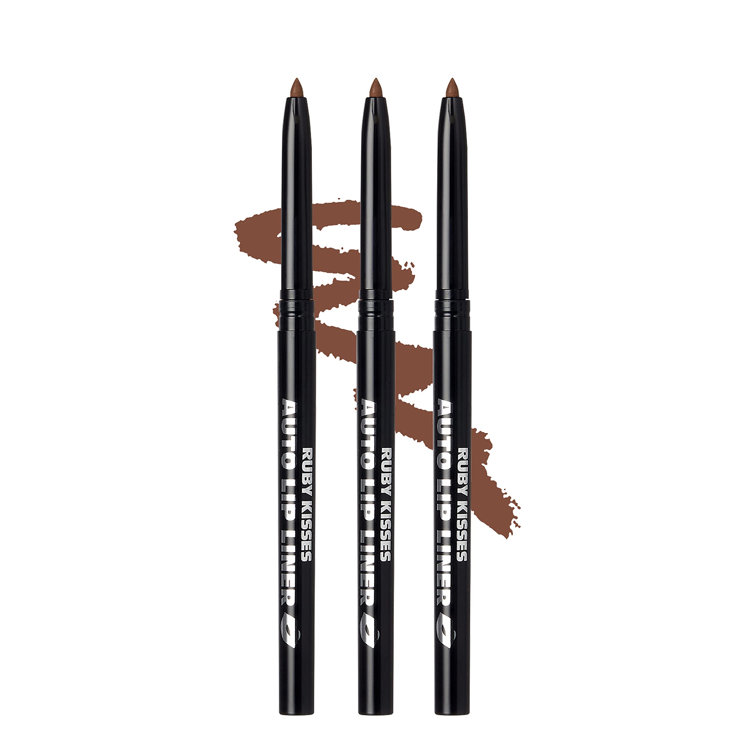 Ruby Kisses Auto Lip Liner Espresso 3-Pack outer-tube packaging for easy storage and travel