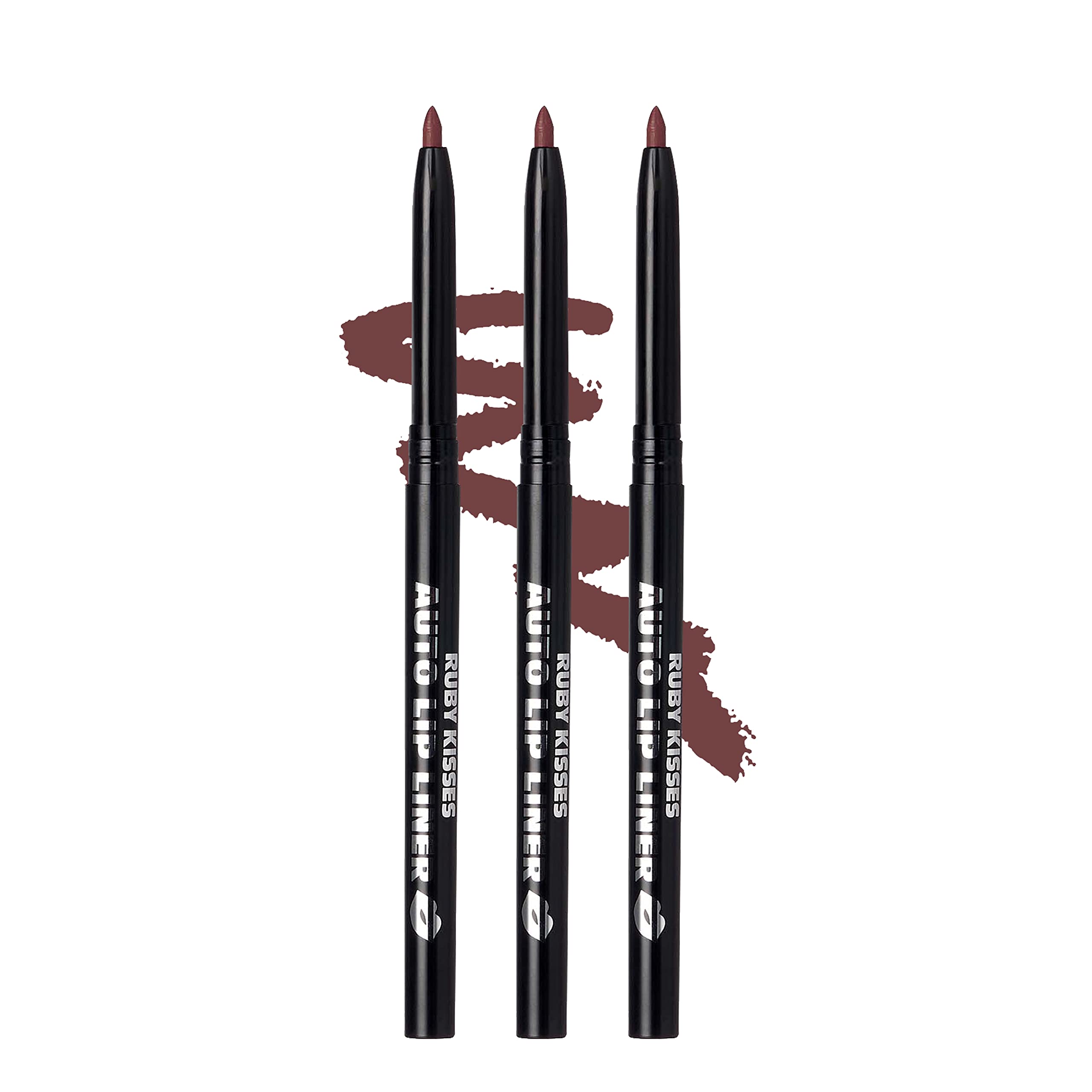 Ruby Kisses Auto Lip Liner Pencil Cocoa 3 Pack twist-up mechanism for precise, long-lasting color.