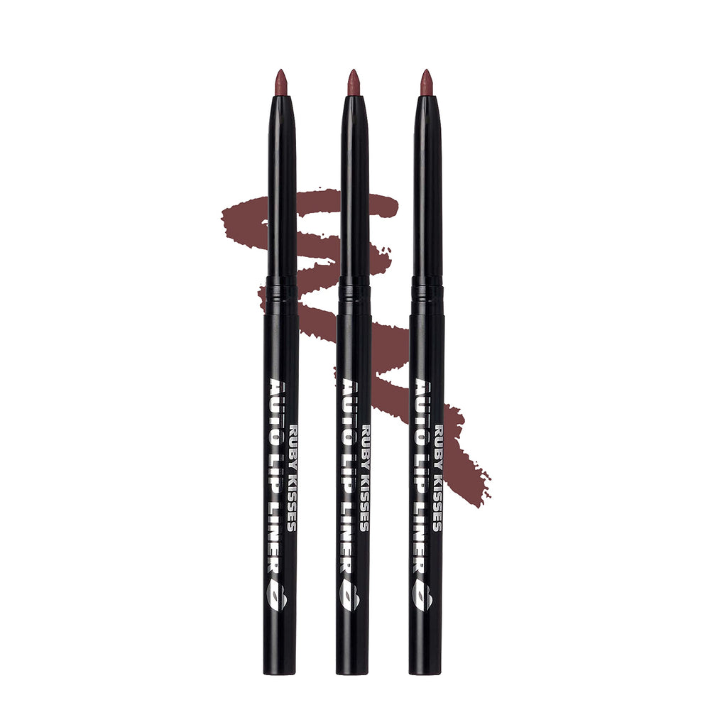 Ruby Kisses Auto Lip Liner Pencil Cocoa 3 Pack twist-up mechanism for precise, long-lasting color.