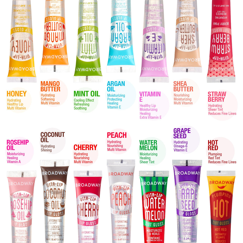 Ruby Kisses Broadway Vita-Lip brillo labial mentolado, libre de crueldad para maquillaje consciente