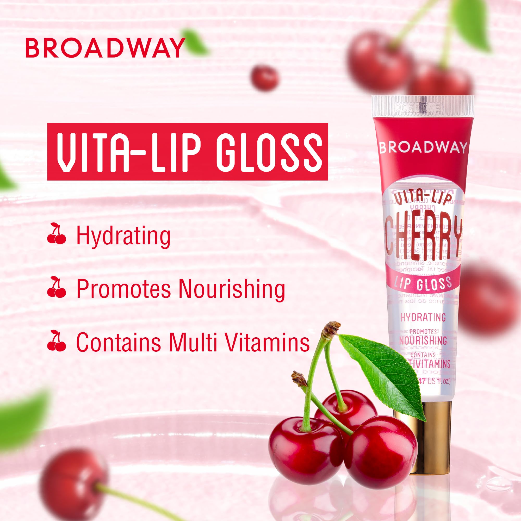 Ruby Kisses Broadway Vita-Lip Cherry bottle closeup highlights vitamin-enriched hydration.