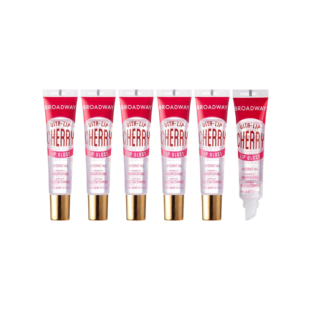 Ruby Kisses Broadway Vita-Lip Cherry gloss packaging is compact and travel-friendly for touch-ups.