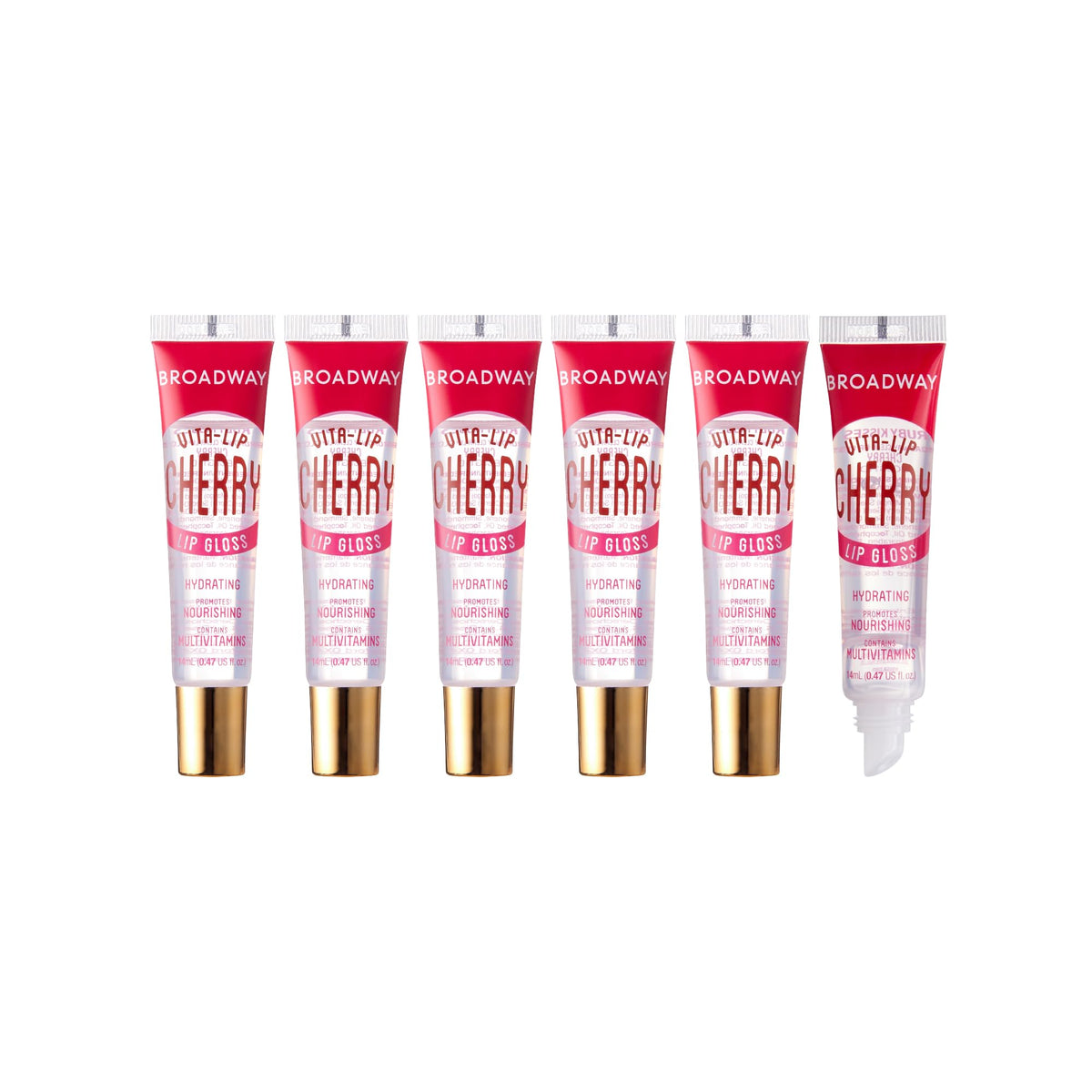 Ruby Kisses Broadway Vita-Lip Cherry gloss packaging is compact and travel-friendly for touch-ups.