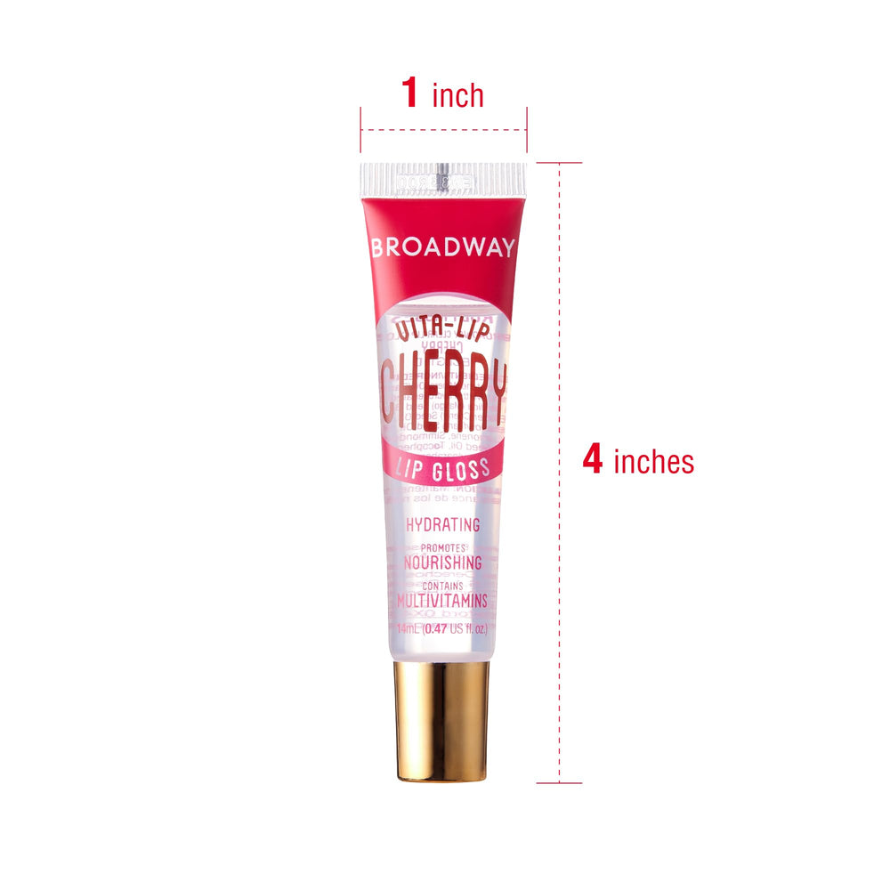 Ruby Kisses Broadway Vita-Lip Cherry swatch on lips showcases high-shine, non-greasy finish.