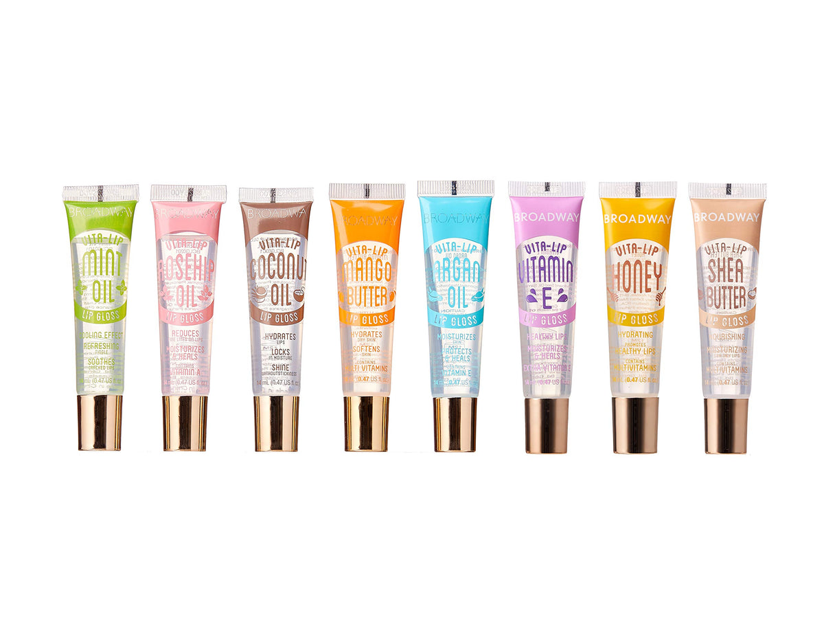Ruby Kisses Broadway Vita-Lip Gloss clear bottle close-up showing ultra-hydrating shine.