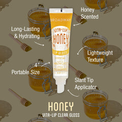 Ruby Kisses Broadway Vita-Lip Gloss clear swatch displays versatile, glossy finish.