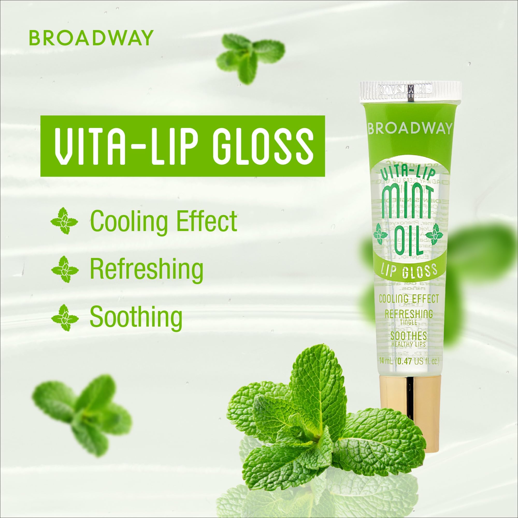 Ruby Kisses Broadway Vita-Lip Gloss Menta vista cercana, hidratación fresca para labios.