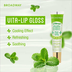 Ruby Kisses Broadway Vita-Lip Gloss Menta vista cercana, hidratación fresca para labios.