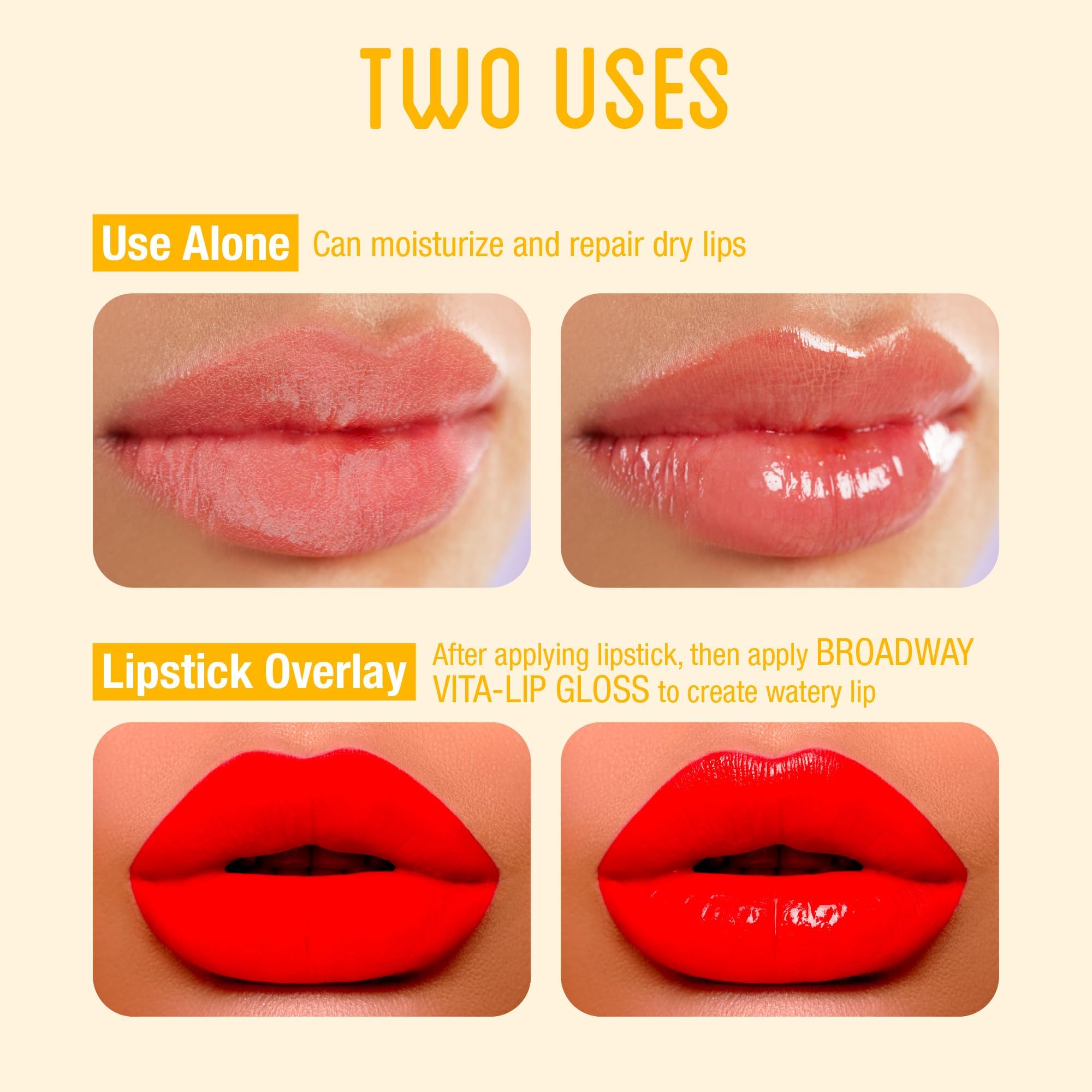 Ruby Kisses Broadway Vita-Lip Gloss non-stick silky feel for easy reapplication.